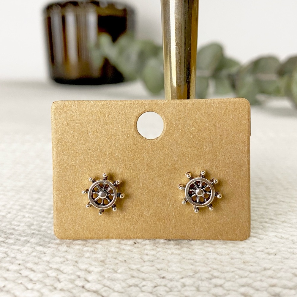 NEW Dainty Nautical Ship Wheel stud Earrings Helm Silver color Boutique